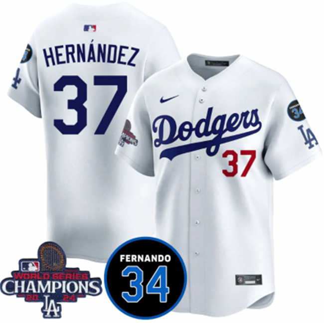 Men's Los Angeles Dodgers #37 Teoscar Hernández White 2024 World Series Champions With Fernando Memorial Patch Vapor Premier Home Limited Stitched Baseball Jersey Men's Los Angeles Dodgers #37 Teoscar Hernández White 2024 World Series Champions With Fernando Memorial Patch Vapor Premier Home Limited Stitched Baseball Jersey